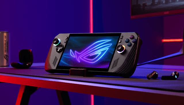 Färgglatt upplyst Asus ROG Ally X handhållen gaming laptop på ett bord