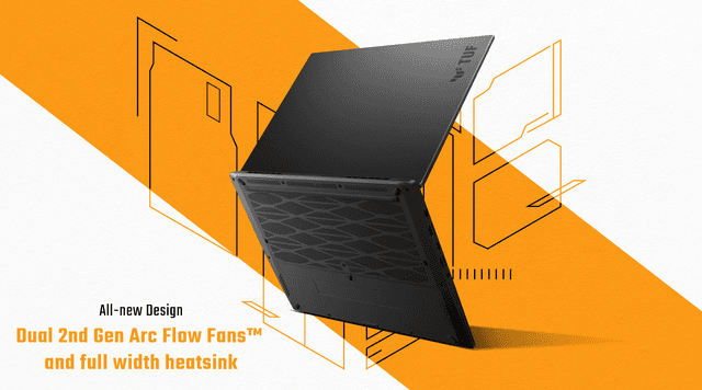 Asus TUF Gaming 14 FA401 kannettava ja teksti ´Dual 2nd Gen Arc Flow Fans and full width heatsink´