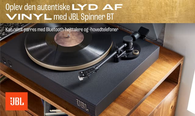 Pladespilleren JBL SPINNER og teksten: "Oplev den autentiske lyd af vinyl med JBL Spinner BT"
