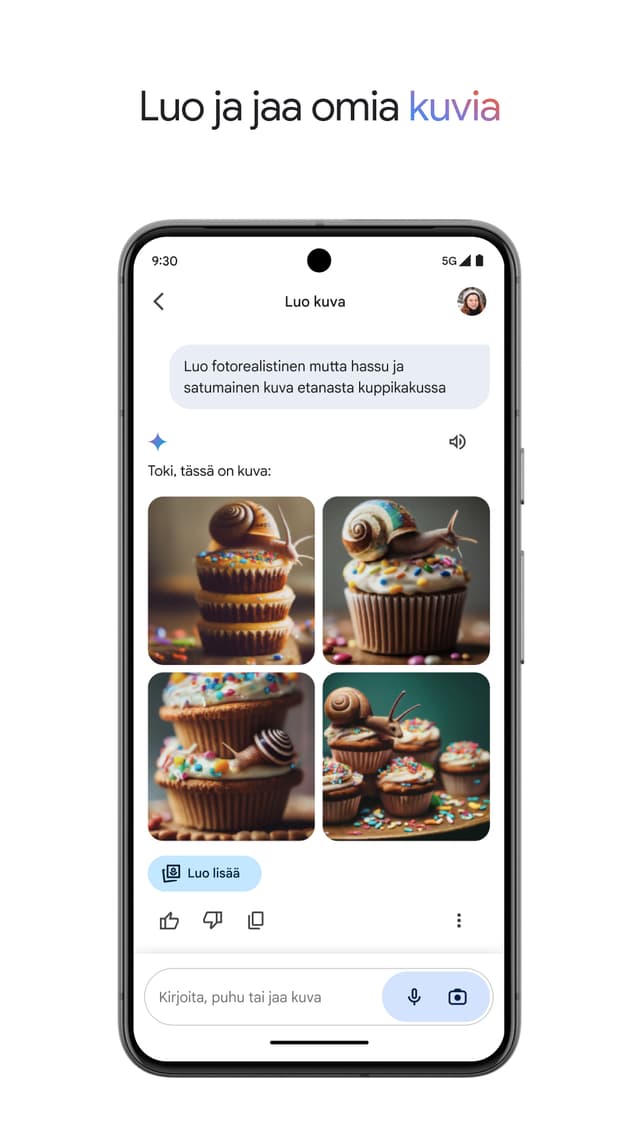 Kuvakaappaus älypuhelimesta ja Google Gemini -tekoälyavustajasta ruudulla