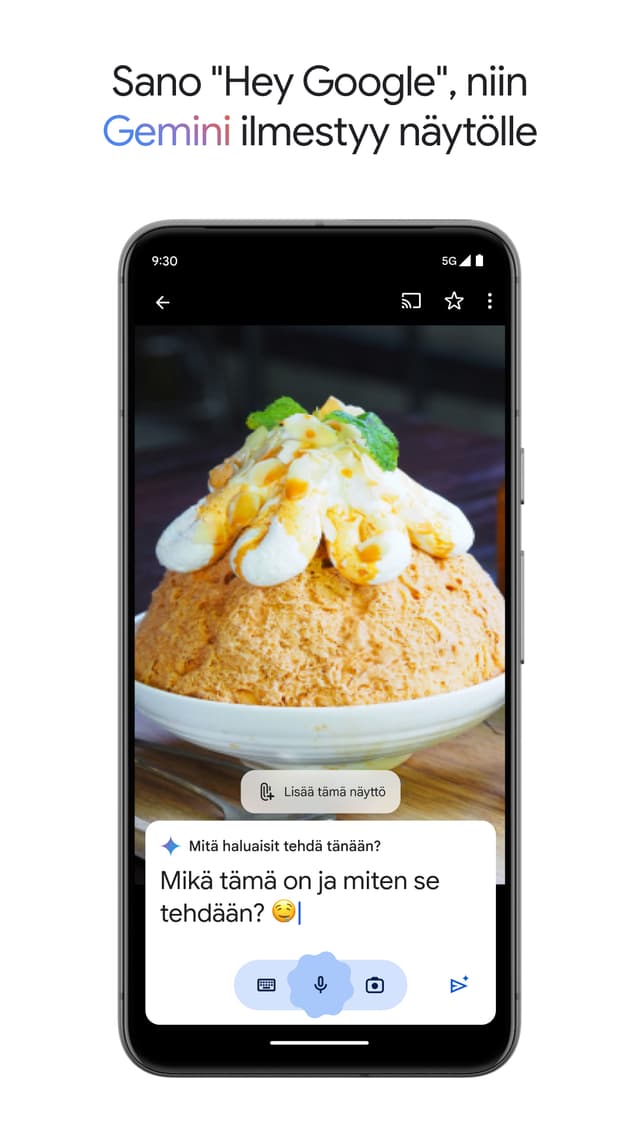 Kuvakaappaus älypuhelimesta ja Google Gemini -tekoälyavustajasta ruudulla
