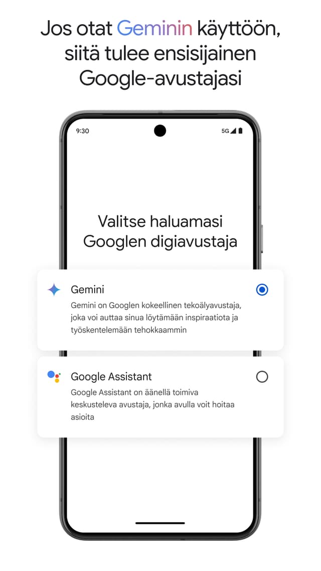 Kuvakaappaus älypuhelimesta ja Google Gemini -tekoälyavustajasta ruudulla
