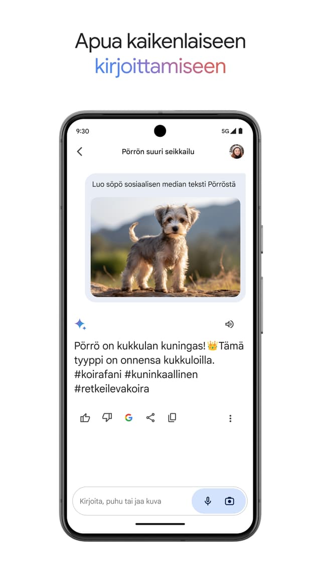 Kuvakaappaus älypuhelimesta ja Google Gemini -tekoälyavustajasta ruudulla