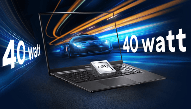 Asus Vivobook 15 OLED laptop on a dark background with texts ´40 watt´ and ´CPU´