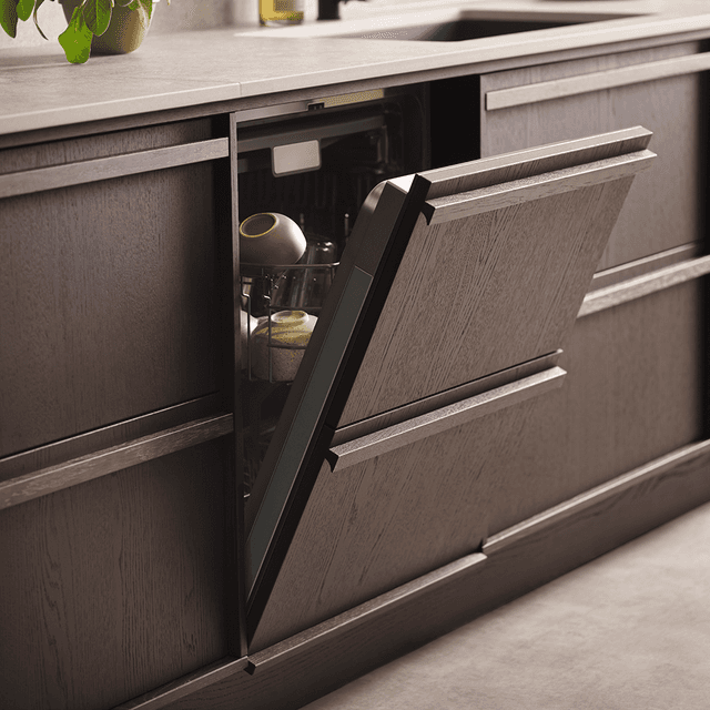 Epoq - Epoq Contour - Open dishwasher in a dark oak coloured Epoq Contour kitchen