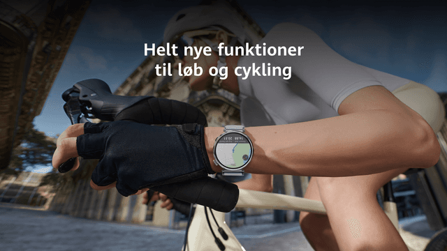 Huawei GT 5 på armen af person, der cykler samt teksten: "Helt nye funktioner til løb og cykling"