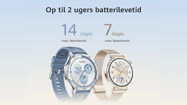 Huawei GT 5 i to versioner og teksten: "Op til 2 ugers batterilevetid"