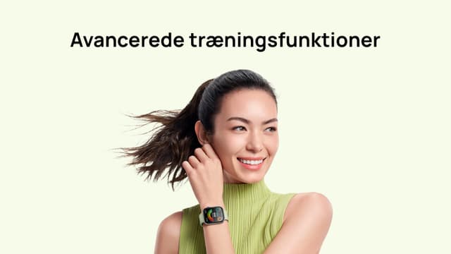 Huawei Watch Fit på armen af kvinde samt teksten: "Avancerede træningsfunktioner"