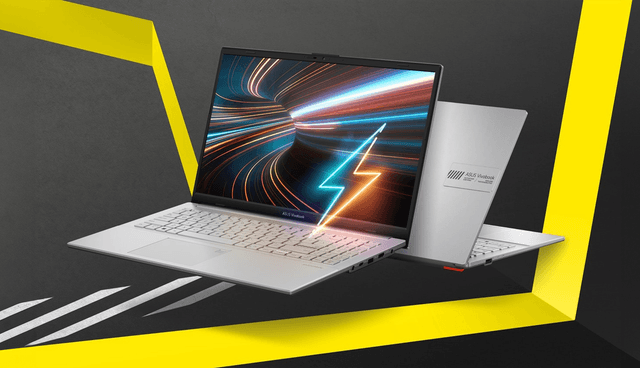 ASUS Vivobook Go 15 kannettavat tietokoneet tumman harmaalla taustalla, jossa on keltaisia vauhtiraitoja