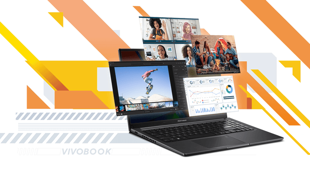 ASUS Vivobook 14 kannettava tietokone valkoisella taustalla, jossa on harmaita, keltaisia ja oransseja vauhtiraitoja