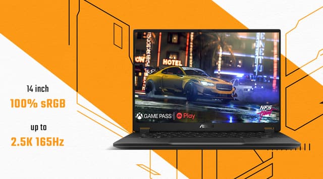 ASUS TUF Gaming A14 kannettava tietokone valko-oranssilla taustalla