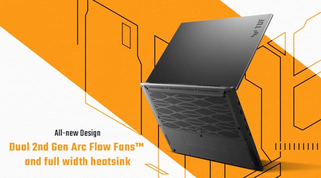 ASUS TUF Gaming A14 på hvit og oransj bakgrunn med tekst om funksjonene