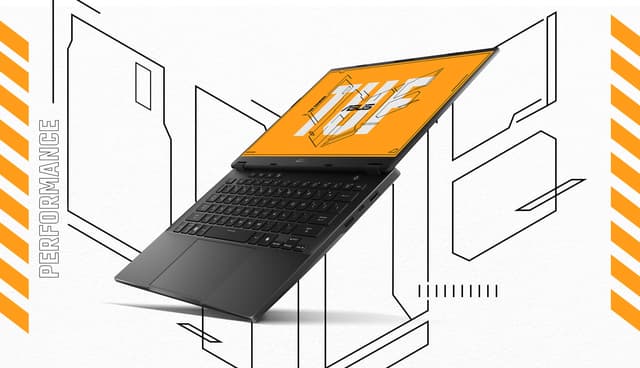 ASUS TUF Gaming A14 mot hvit bakgrunn med mønster og teksten ´Performance´