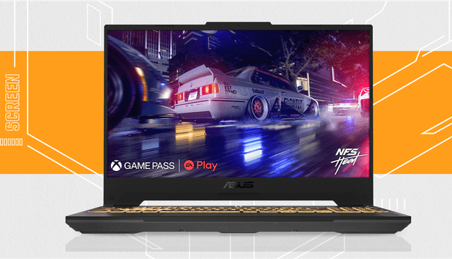 ASUS TUF A15 kannettava tietokone valko-oranssilla taustalla ja teksti ´Screen´