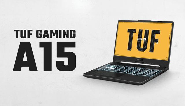 ASUS TUF Gaming A15 mot grå bakgrunn og tekst ´TUF Gaming A15´