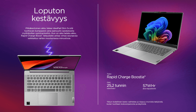 Tietoa Lenovo IdeaPad Slim 5x kannettavan akunkestosta ja teksti ´Loputon kestävyys´