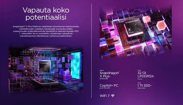 Tietoa Lenovo IdeaPad Slim 5x kannettavan tietokoneen ominaisuuksista ja teksti ´Vapauta koko potentiaalisi´