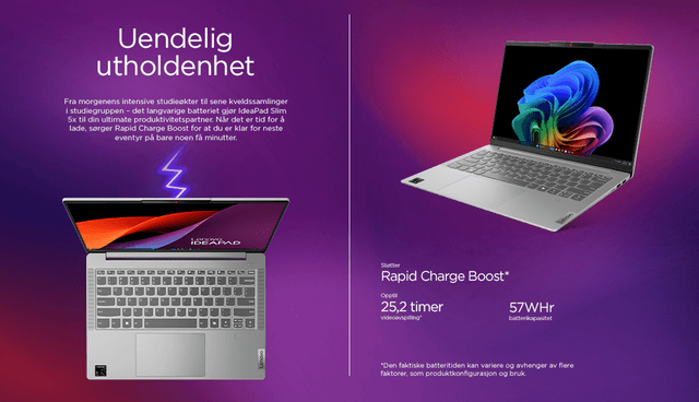 Batterispesifikasjoner om Lenovo IdeaPad Slim 5x med teksten ´Infinite endurance´