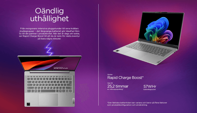 Battery specs about Lenovo IdeaPad Slim 5x laptop and text ´Infinite endurance´