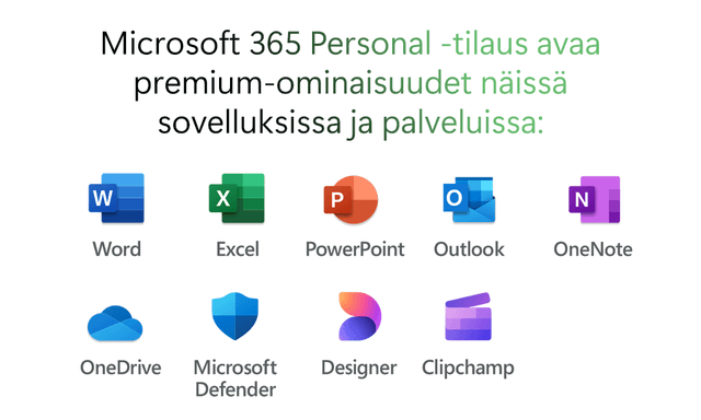 Microsoft 365 Personal -tilaus avaa premium-ominaisuuksia valikoiduissa sovelluksissa ja palveluissa
