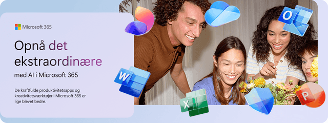 Microsoft 365 med AI-banner og teksten: "Oplev det ekstraordinære"