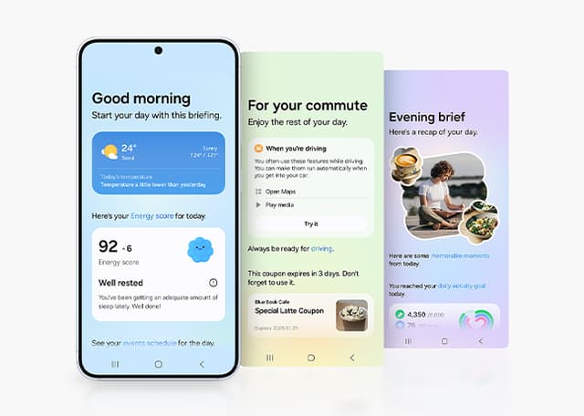 Samsung Galaxy S25 og eksempler på Now Brief på skærmen 