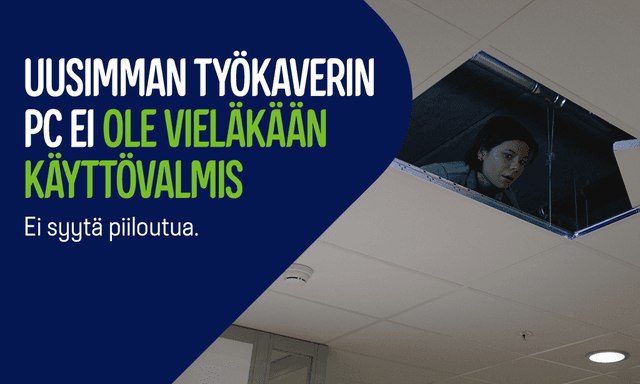 Gigantti yritysmyynti kampanjan mainoskuva, jossa nainen piileskelee huoneessa
