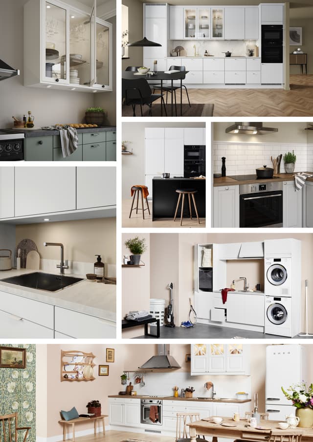 Hvitt kjøkken fra Epoq - Bildekollasje med hvitfarget Epoq Gloss, Epoq Trend, Epoq Core, Epoq Heritage, Epoq Integra kjøkken