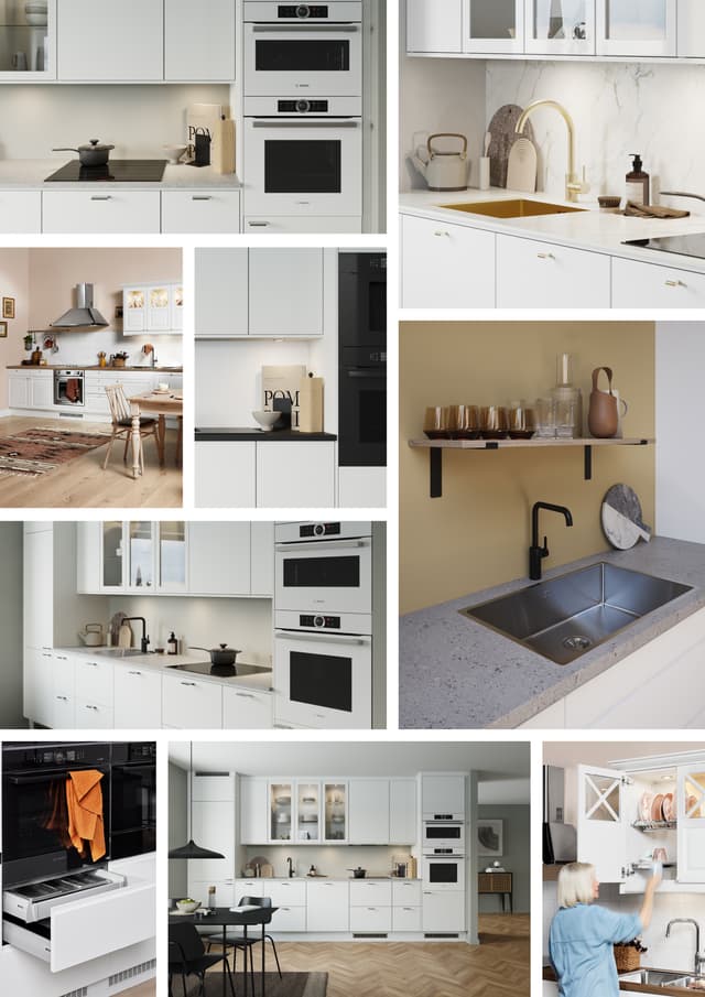 Hvitt kjøkken fra Epoq - Bildekollasje med hvitfarget Epoq Gloss, Epoq Trend, Epoq Core, Epoq Heritage, Epoq Integra kjøkken