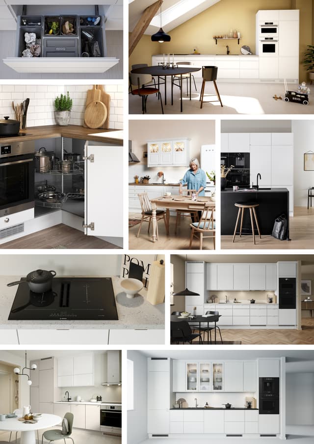 Hvitt kjøkken fra Epoq - Bildekollasje med hvitfarget Epoq Gloss, Epoq Trend, Epoq Core, Epoq Heritage, Epoq Integra kjøkken
