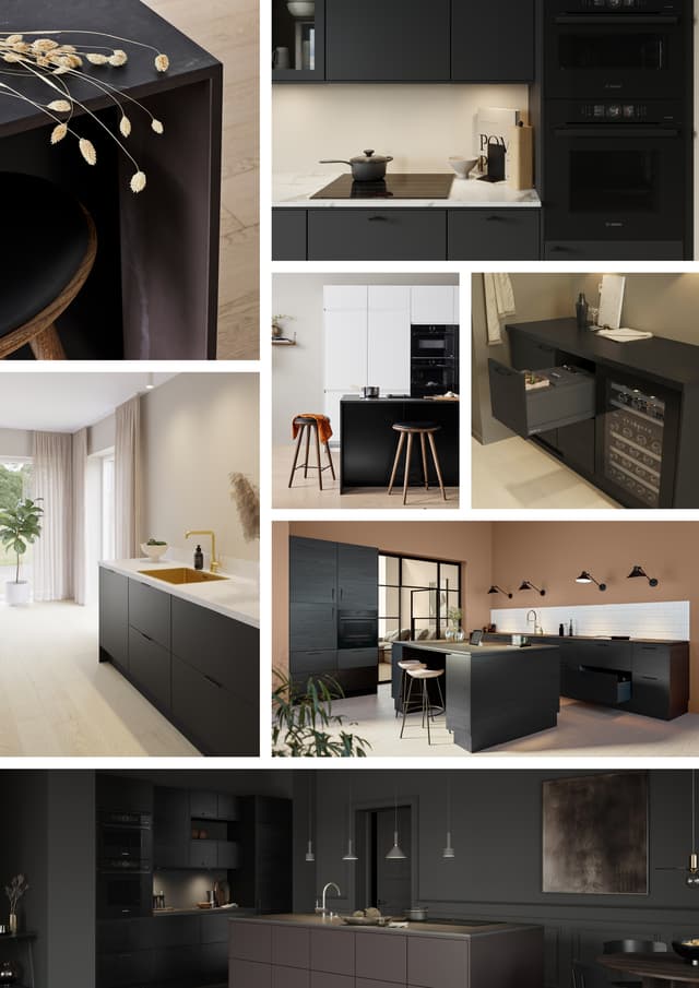 Sort køkken: Collage med sorte køkkener fra køkkenserierne Epoq Core, Epoq Edge, Epoq Pure, Epoq Lamella og Epoq Integra