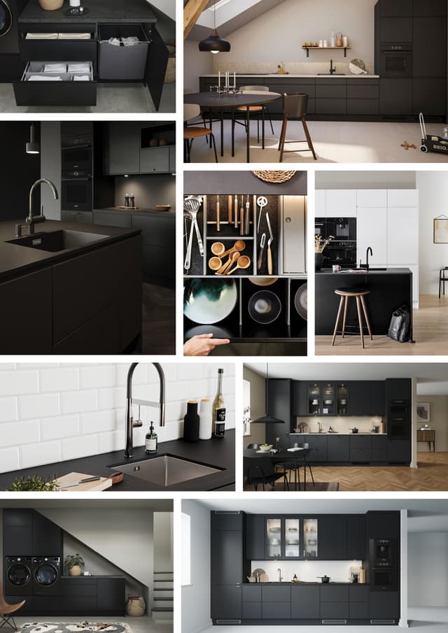 Sort køkken: Collage med sorte køkkener fra køkkenserierne Epoq Core, Epoq Edge, Epoq Pure, Epoq Lamella og Epoq Integra