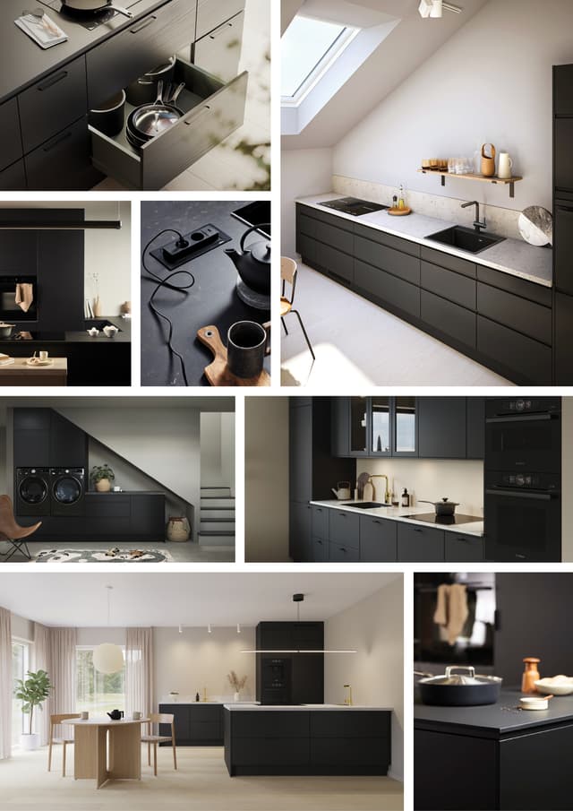 Epoq black kitchen - Picture collage with black coloured Epoq Core, Epoq Edge, Epoq Pure, Epoq Lamella, Epoq Integra kitchens