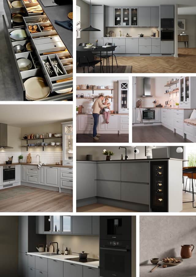 Epoq grey kitchen - Picture collage with grey coloured Epoq Trend, Epoq Pure, Epoq Heritage, Epoq Integra kitchens