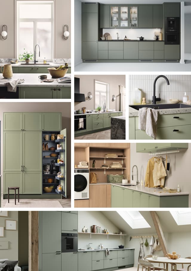 Epoq green kitchen - Picture collage with green coloured Epoq Trend, Epoq Core, Epoq Canvas kitchens