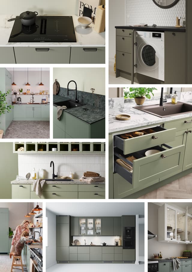 Epoq green kitchen - Picture collage with green coloured Epoq Trend, Epoq Core, Epoq Canvas kitchens