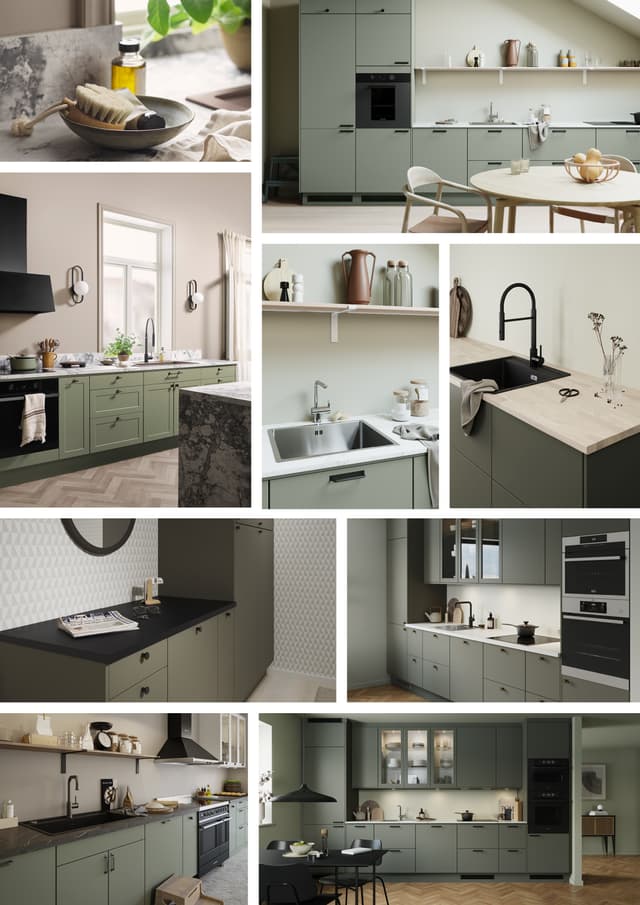 Epoq green kitchen - Picture collage with green coloured Epoq Trend, Epoq Core, Epoq Canvas kitchens
