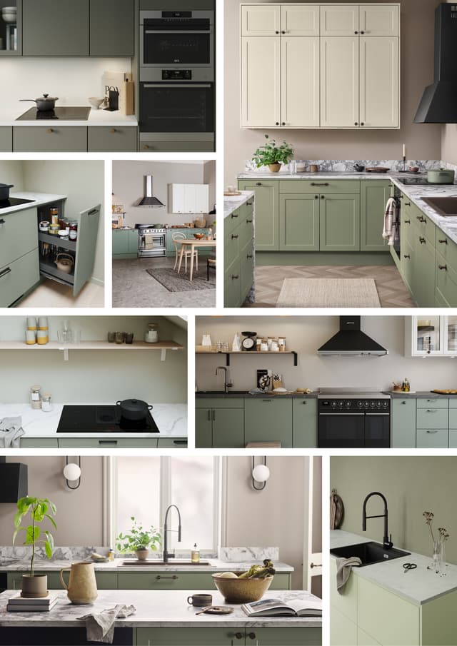 Epoq green kitchen - Picture collage with green coloured Epoq Trend, Epoq Core, Epoq Canvas kitchens