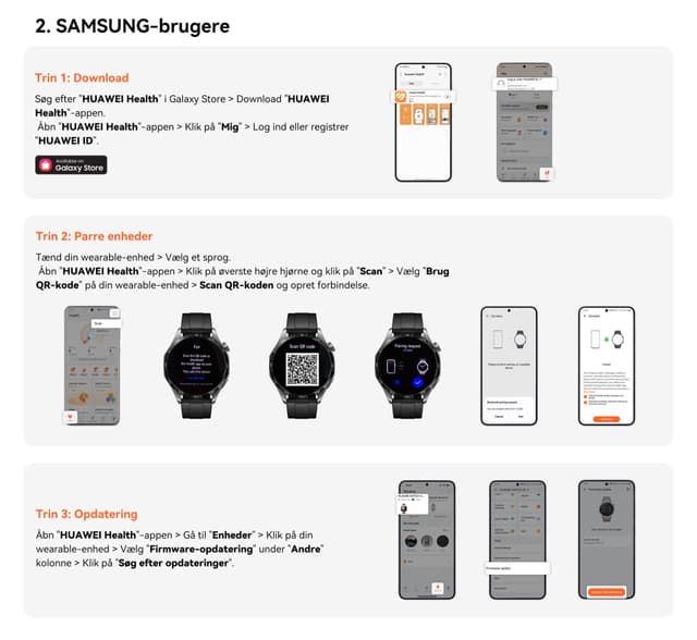 Billede anvisning af, hvordan en Samsung-bruger forbinder sit Huawei Watch til mobilen