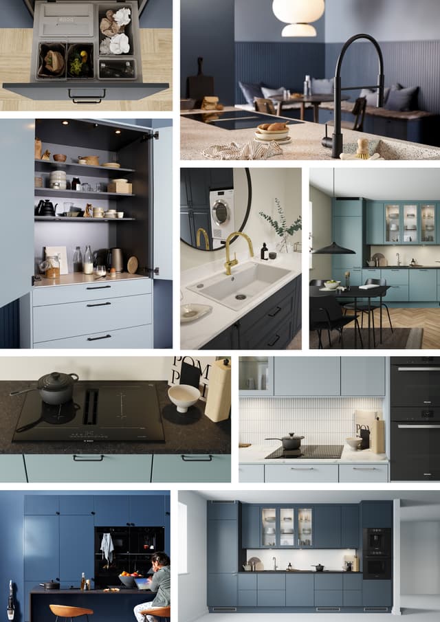 Blåt køkken: Collage med blå køkkener fra Epoq i køkkenserierne Trend Heritage