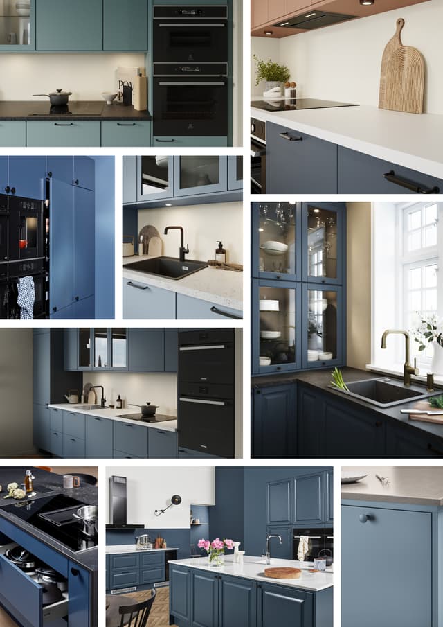 Blåt køkken: Collage med blå køkkener fra Epoq i køkkenserierne Trend Heritage