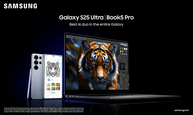 Samsung økosystem banner med Galaxy S25 Ultra og Book5 Pro