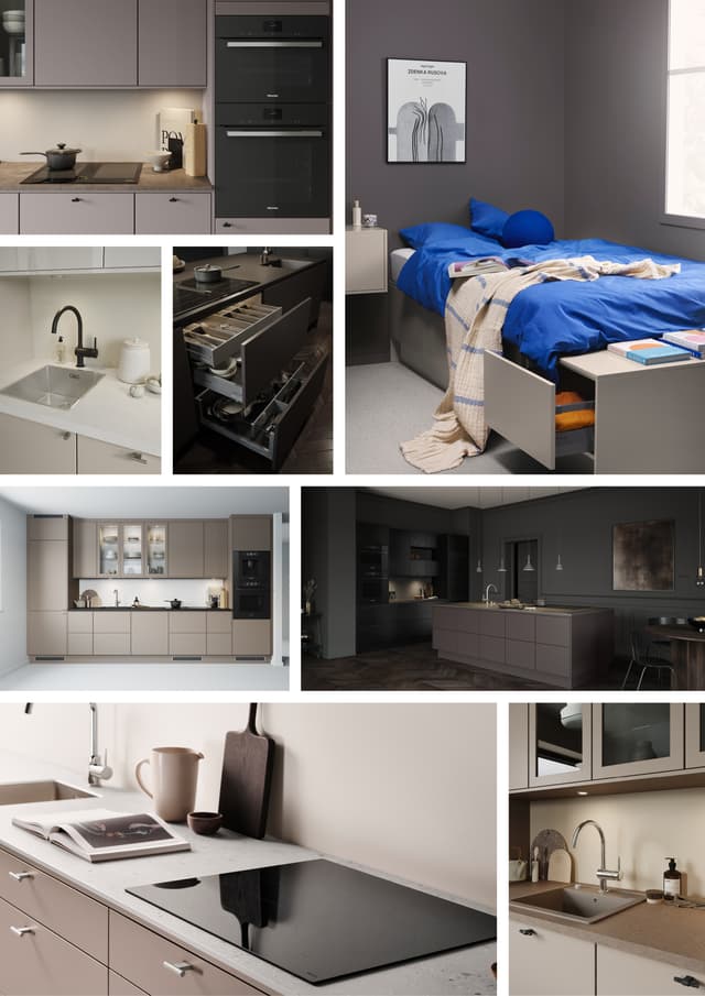 Epoq beige kjøkken - Bildekollasj med beige kjøkken fra Epoq Trend, Epoq Core og Epoq Canvas