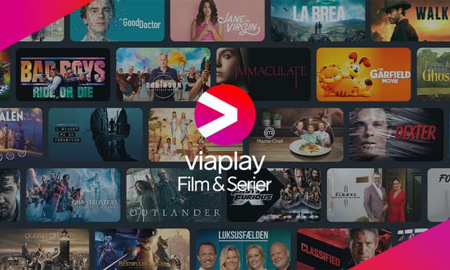 Et udvalg af Viaplays indhold og teksten "Viaplay Film & Serier"