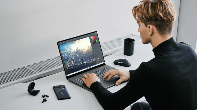 Asus - Gaming - A male person gaming with Asus ROG Zephyrus G14 G16 gaming laptop