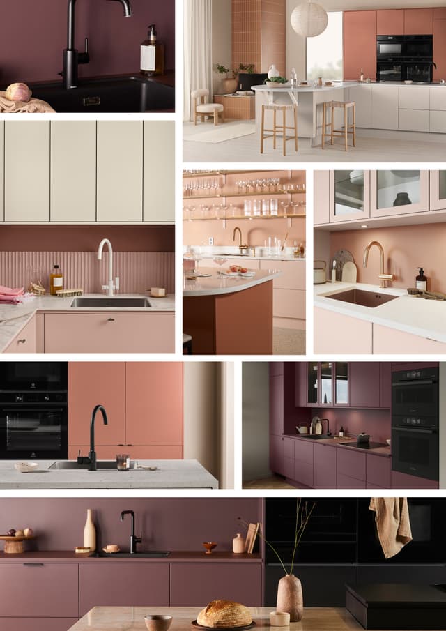 Rødt køkken: Collage med køkkener i rødlige toner i køkkenserien Trend fra Epoq