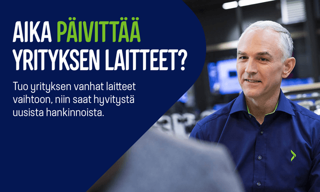 Gigantti Trade-in -mainoskuva, jossa teksti Aika päivittää yrityksen laitteet