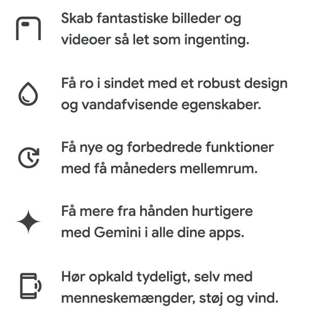 Billede med Google Pixel 9a-mobilens features visualiseret med ikoner og skrevet med tekst