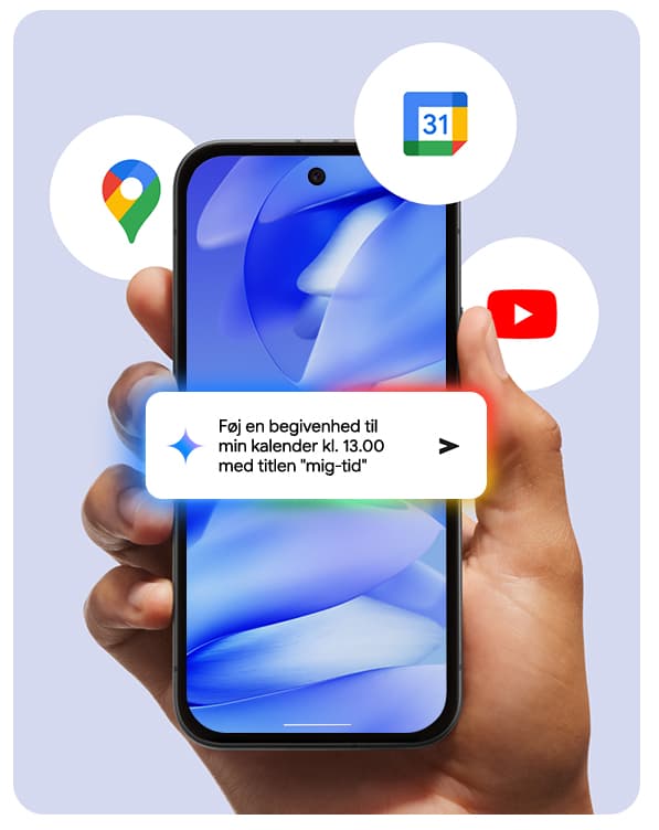 Google Pixel 9a og forskellige apps samt Gemini-ikonet 