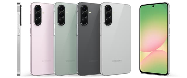 Galaxy A56 väreissä Awesome Graphite, Awesome LightGray, Awesome Olive ja Awesome Pink